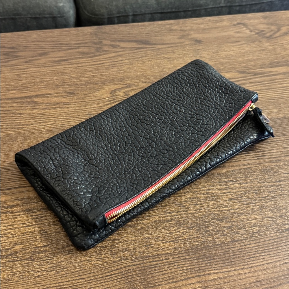 Clare V Black Leather Pouch with Red Zipper